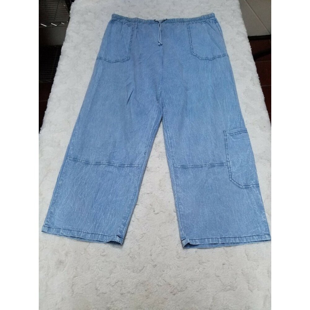 2PC Produce Company Button Front Shirt Large Cropped Pants XL Set Blue Pockets - Picture 2 of 12